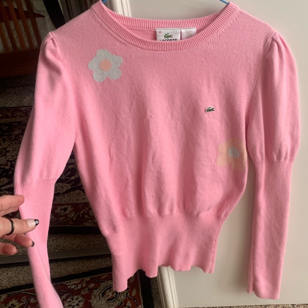 Lacoste sweater. Pink with cute flowers. Slightly puffy shoulders. (Sz40 or med)